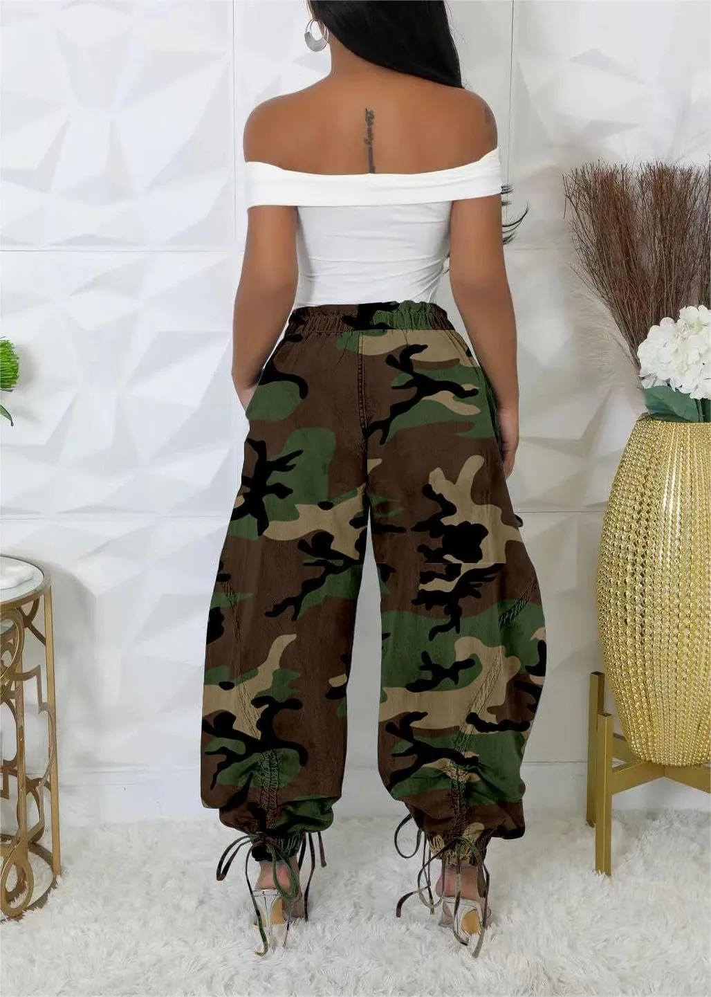 Voghtic Women's Baggy Y2K Elastic Waisted Jeans Bow-Knot Drawstring Pull-On Cargo Denim Pants Harem Pants Streetwear