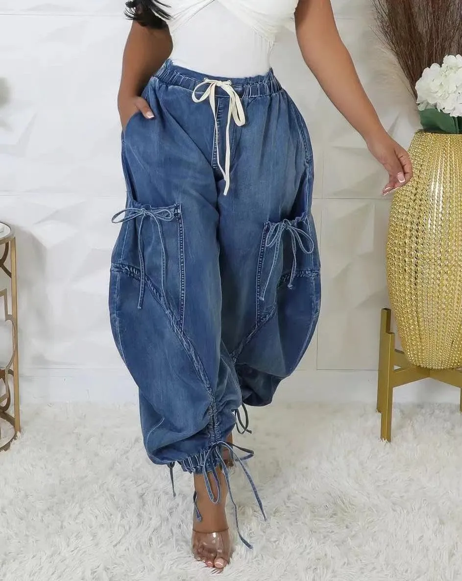 Voghtic Women's Baggy Y2K Elastic Waisted Jeans Bow-Knot Drawstring Pull-On Cargo Denim Pants Harem Pants Streetwear