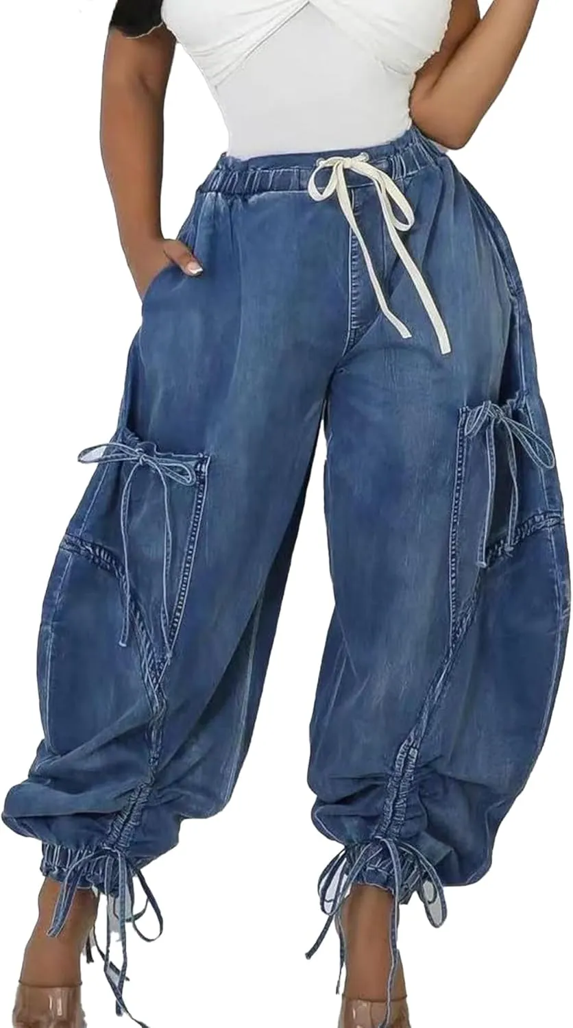 Voghtic Women's Baggy Y2K Elastic Waisted Jeans Bow-Knot Drawstring Pull-On Cargo Denim Pants Harem Pants Streetwear