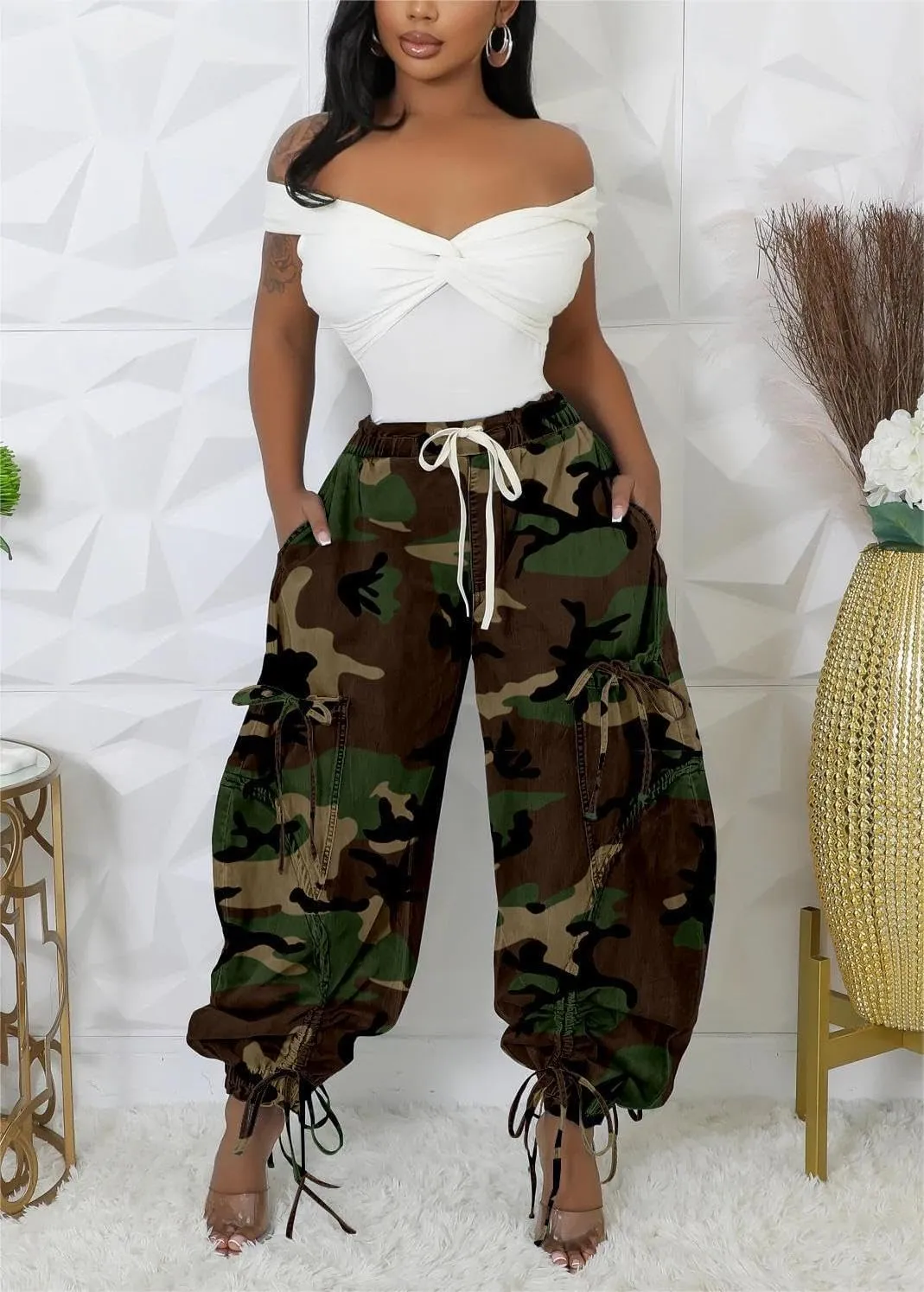 Voghtic Women's Baggy Y2K Elastic Waisted Jeans Bow-Knot Drawstring Pull-On Cargo Denim Pants Harem Pants Streetwear