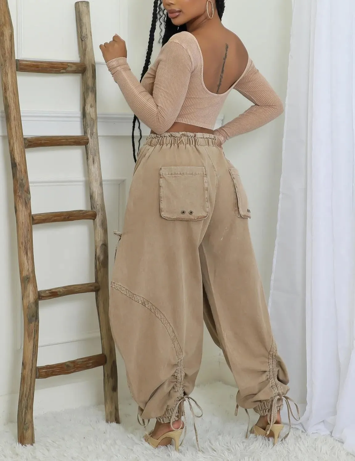Voghtic Women's Baggy Y2K Elastic Waisted Jeans Bow-Knot Drawstring Pull-On Cargo Denim Pants Harem Pants Streetwear