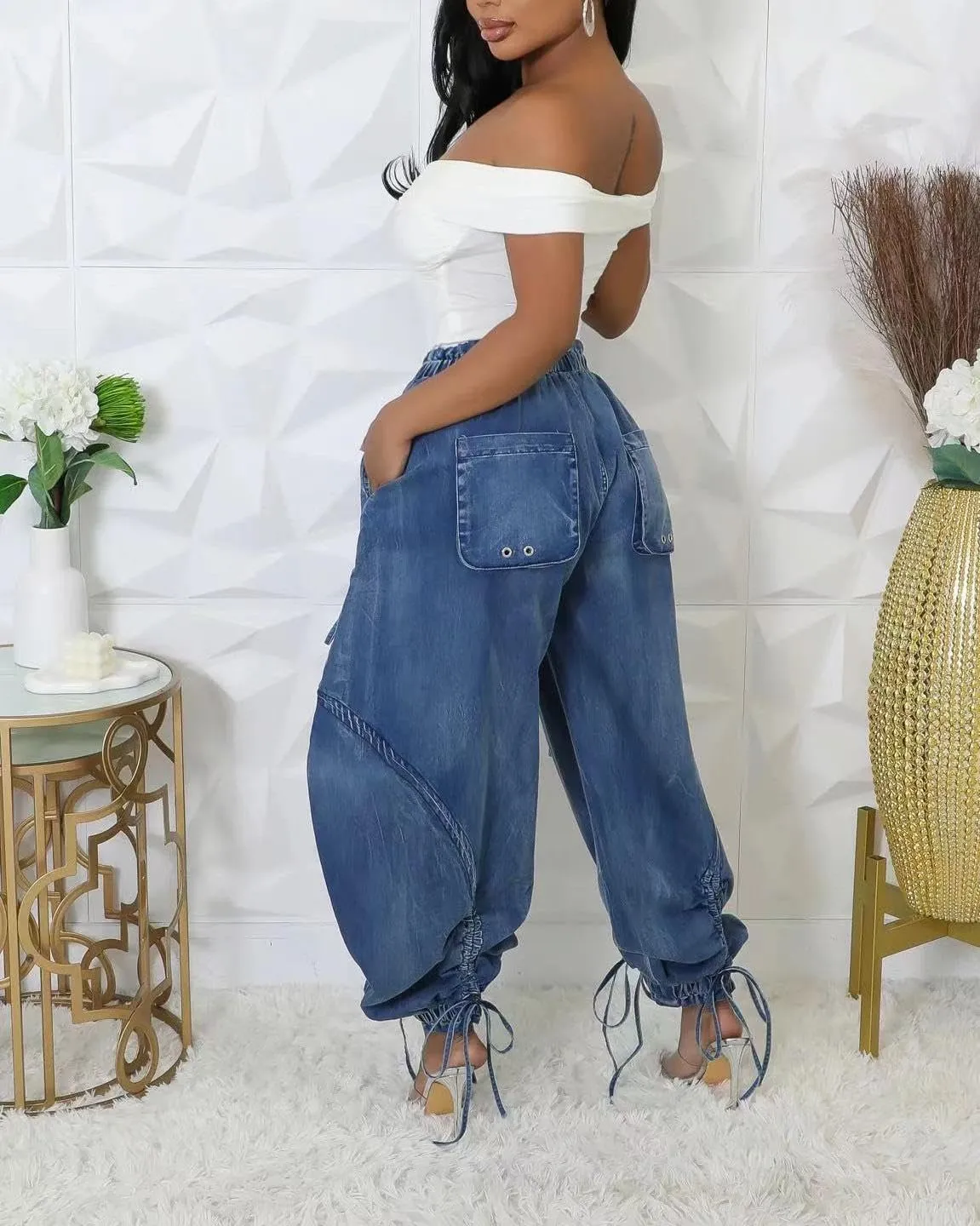 Voghtic Women's Baggy Y2K Elastic Waisted Jeans Bow-Knot Drawstring Pull-On Cargo Denim Pants Harem Pants Streetwear