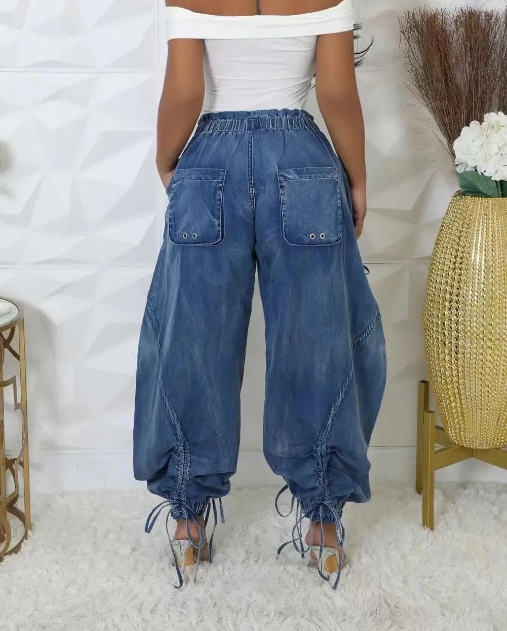 Voghtic Women's Baggy Y2K Elastic Waisted Jeans Bow-Knot Drawstring Pull-On Cargo Denim Pants Harem Pants Streetwear