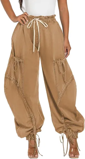 Voghtic Women's Baggy Y2K Elastic Waisted Jeans Bow-Knot Drawstring Pull-On Cargo Denim Pants Harem Pants Streetwear