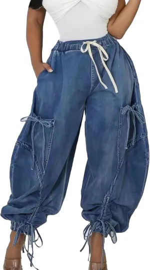 Voghtic Women's Baggy Y2K Elastic Waisted Jeans Bow-Knot Drawstring Pull-On Cargo Denim Pants Harem Pants Streetwear