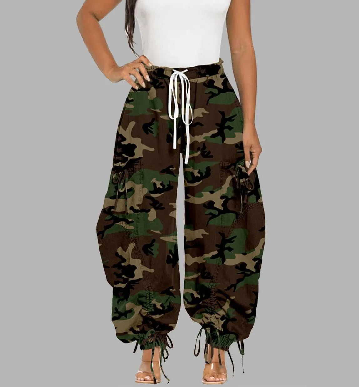 Voghtic Women's Baggy Y2K Elastic Waisted Jeans Bow-Knot Drawstring Pull-On Cargo Denim Pants Harem Pants Streetwear