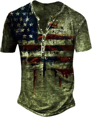 WENKOMG1 Mens Henley Shirt,Washed USA Flag Star and Stripes Streetwear Short Sleeve Retro Style Patriotic Distressed Top