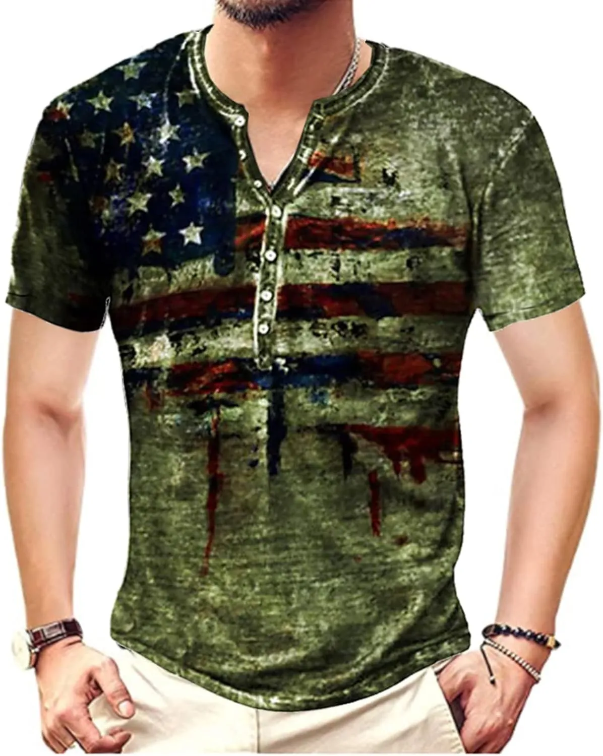 WENKOMG1 Mens Henley Shirt,Washed USA Flag Star and Stripes Streetwear Short Sleeve Retro Style Patriotic Distressed Top