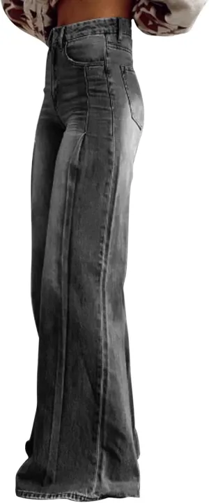 Wide Leg Flare Jeans for Women with Pocket Baggy Pants Vintage Floral Print Jeans for Women High Waisted Loose Pant