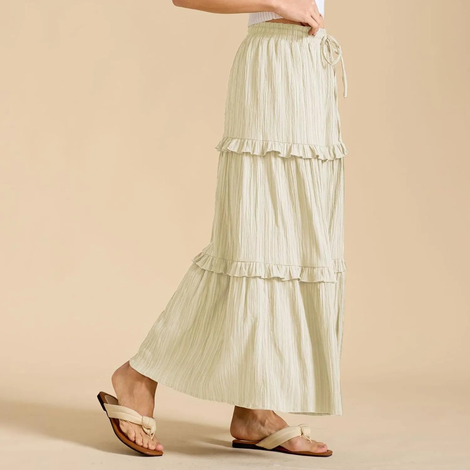 Women Boho Elastic High Waist Pleated A-Line Skirts Flowy Swing Tiered Maxi Long Skirt Dress Summer Trendy