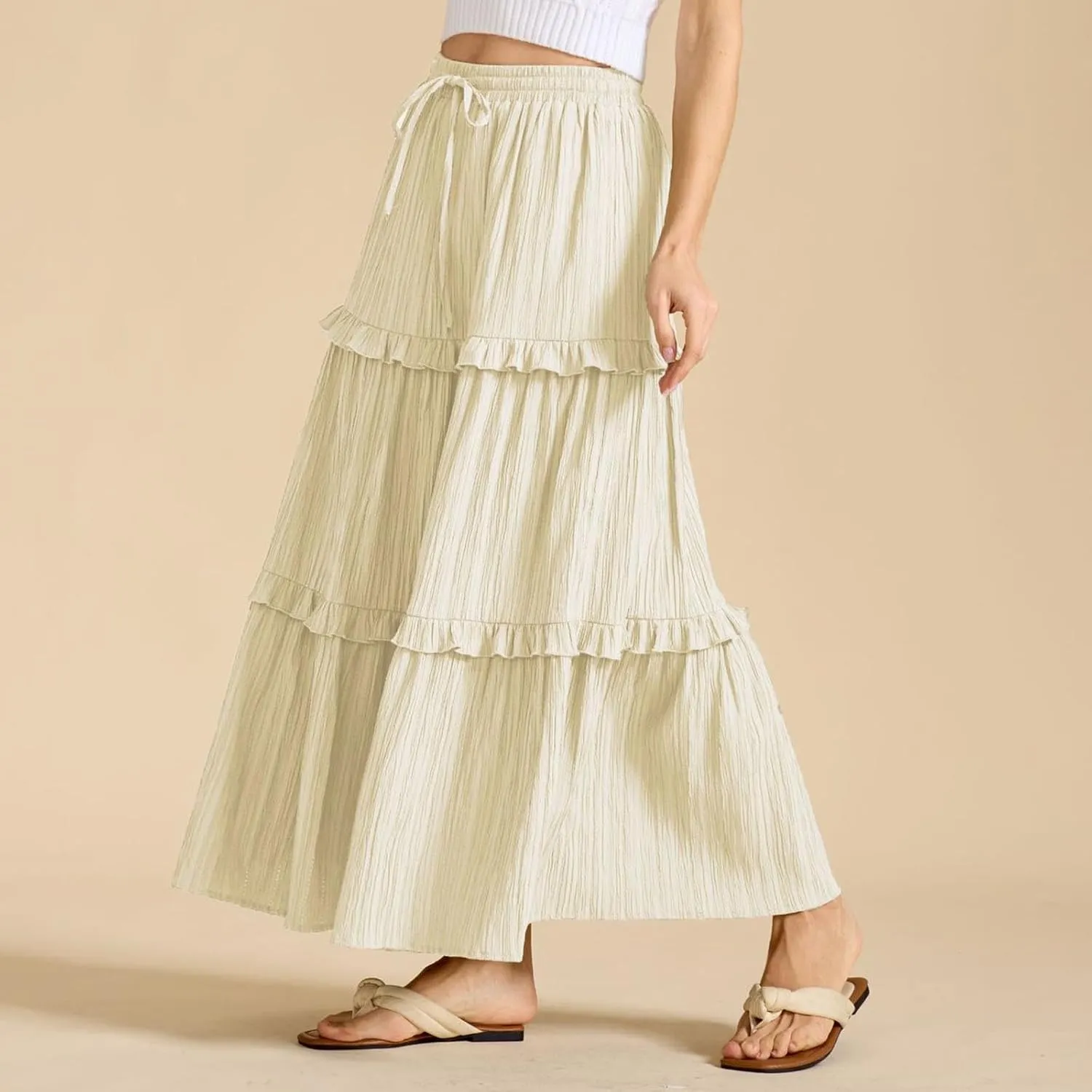Women Boho Elastic High Waist Pleated A-Line Skirts Flowy Swing Tiered Maxi Long Skirt Dress Summer Trendy