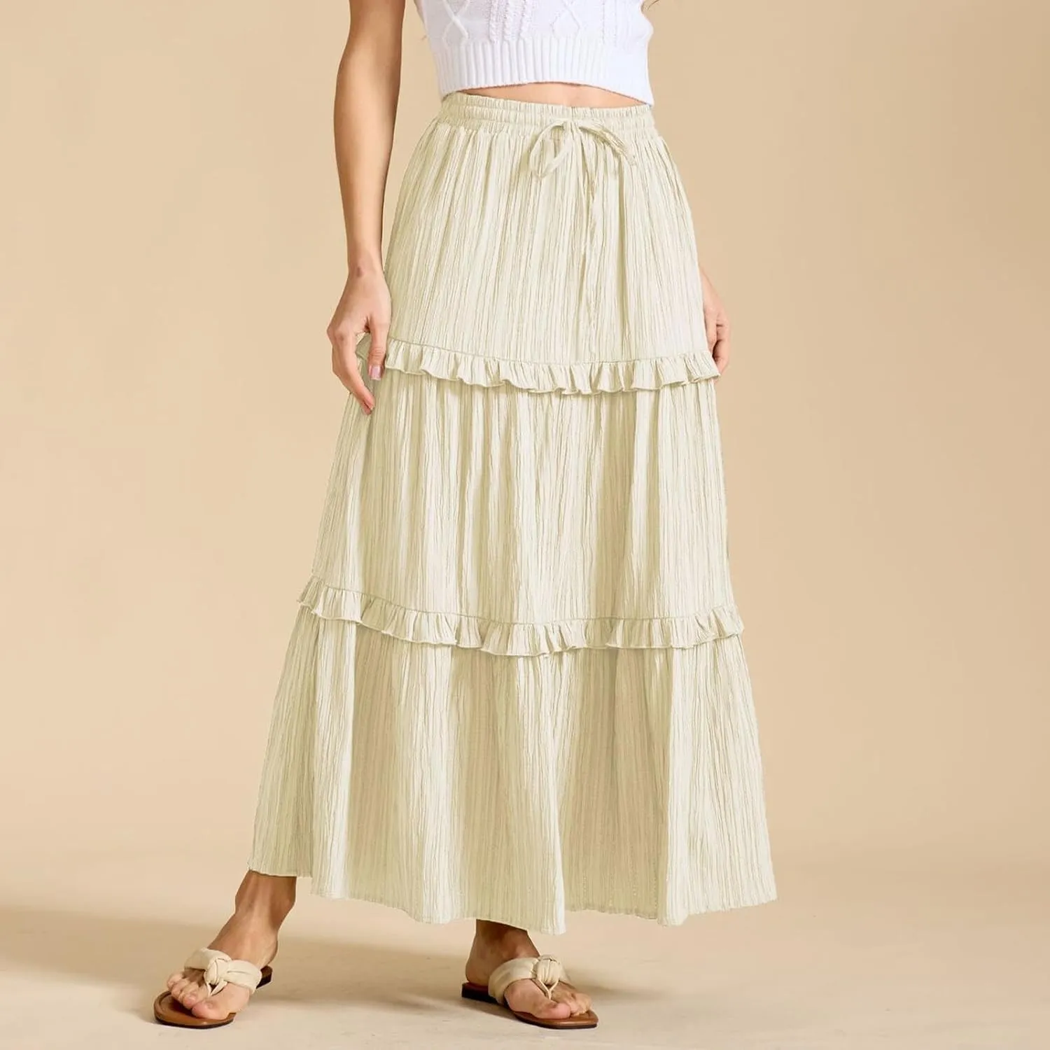 Women Boho Elastic High Waist Pleated A-Line Skirts Flowy Swing Tiered Maxi Long Skirt Dress Summer Trendy