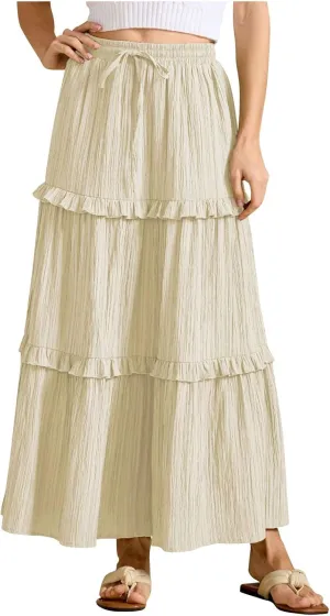 Women Boho Elastic High Waist Pleated A-Line Skirts Flowy Swing Tiered Maxi Long Skirt Dress Summer Trendy