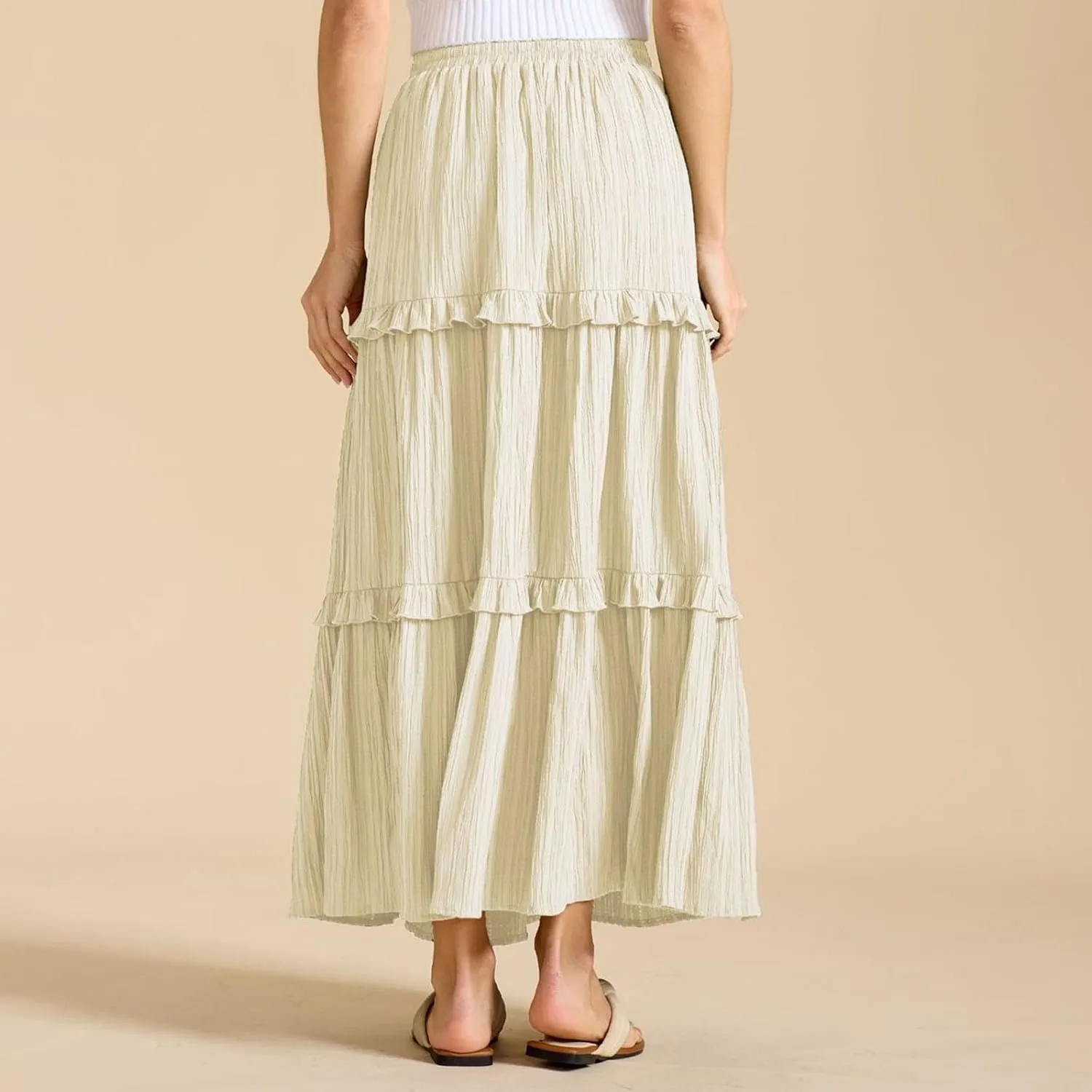 Women Boho Elastic High Waist Pleated A-Line Skirts Flowy Swing Tiered Maxi Long Skirt Dress Summer Trendy