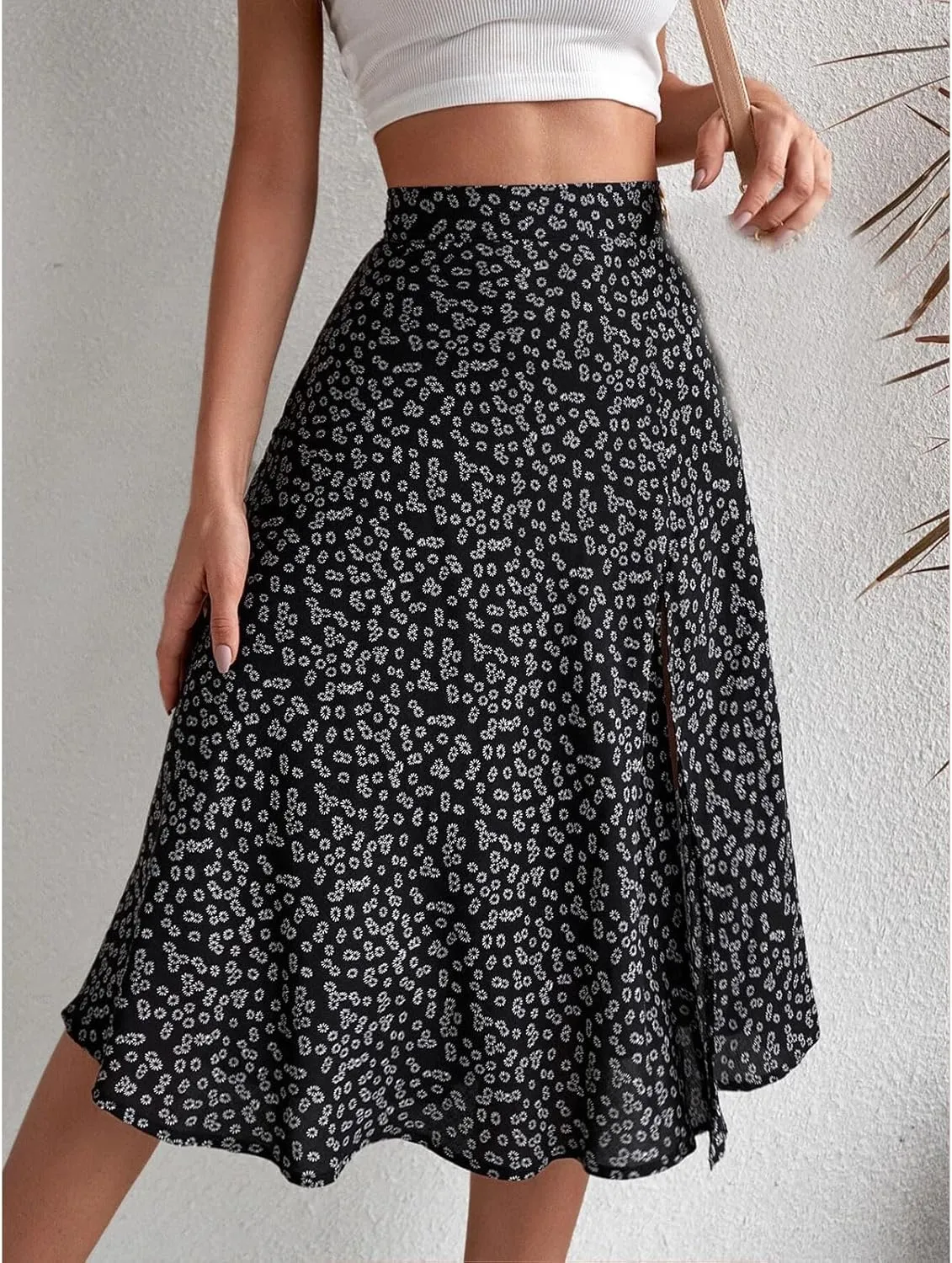 Women Boho Floral Skirts Slit Summer Flowy Split Maxi Skirt Lightweight High Waist A Line Skirts Beach Clothes