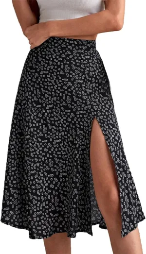 Women Boho Floral Skirts Slit Summer Flowy Split Maxi Skirt Lightweight High Waist A Line Skirts Beach Clothes
