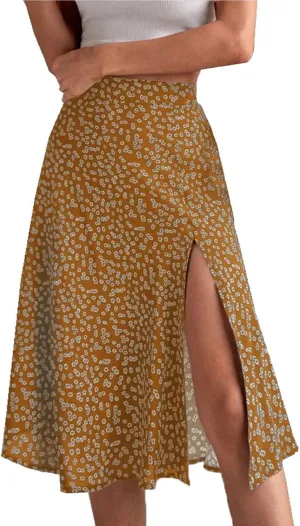 Women Boho Floral Skirts Slit Summer Flowy Split Maxi Skirt Lightweight High Waist A Line Skirts Beach Clothes