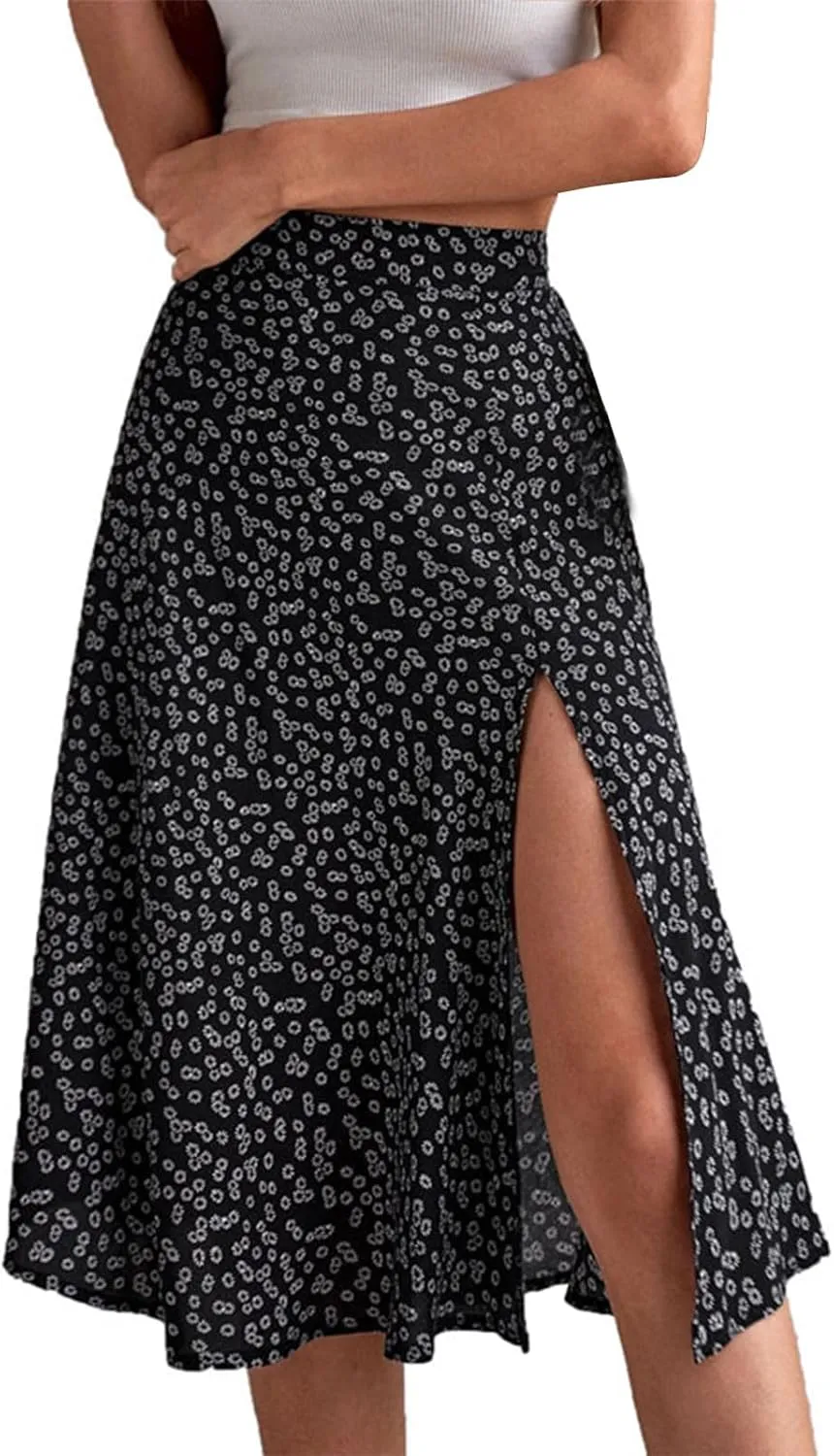 Women Boho Floral Skirts Slit Summer Flowy Split Maxi Skirt Lightweight High Waist A Line Skirts Beach Clothes