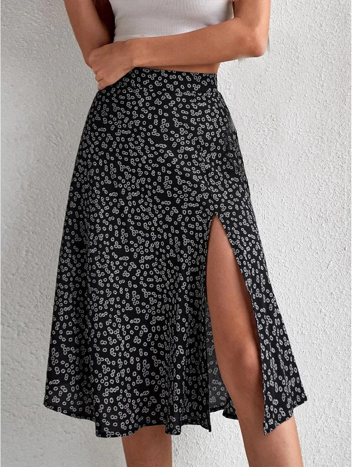 Women Boho Floral Skirts Slit Summer Flowy Split Maxi Skirt Lightweight High Waist A Line Skirts Beach Clothes