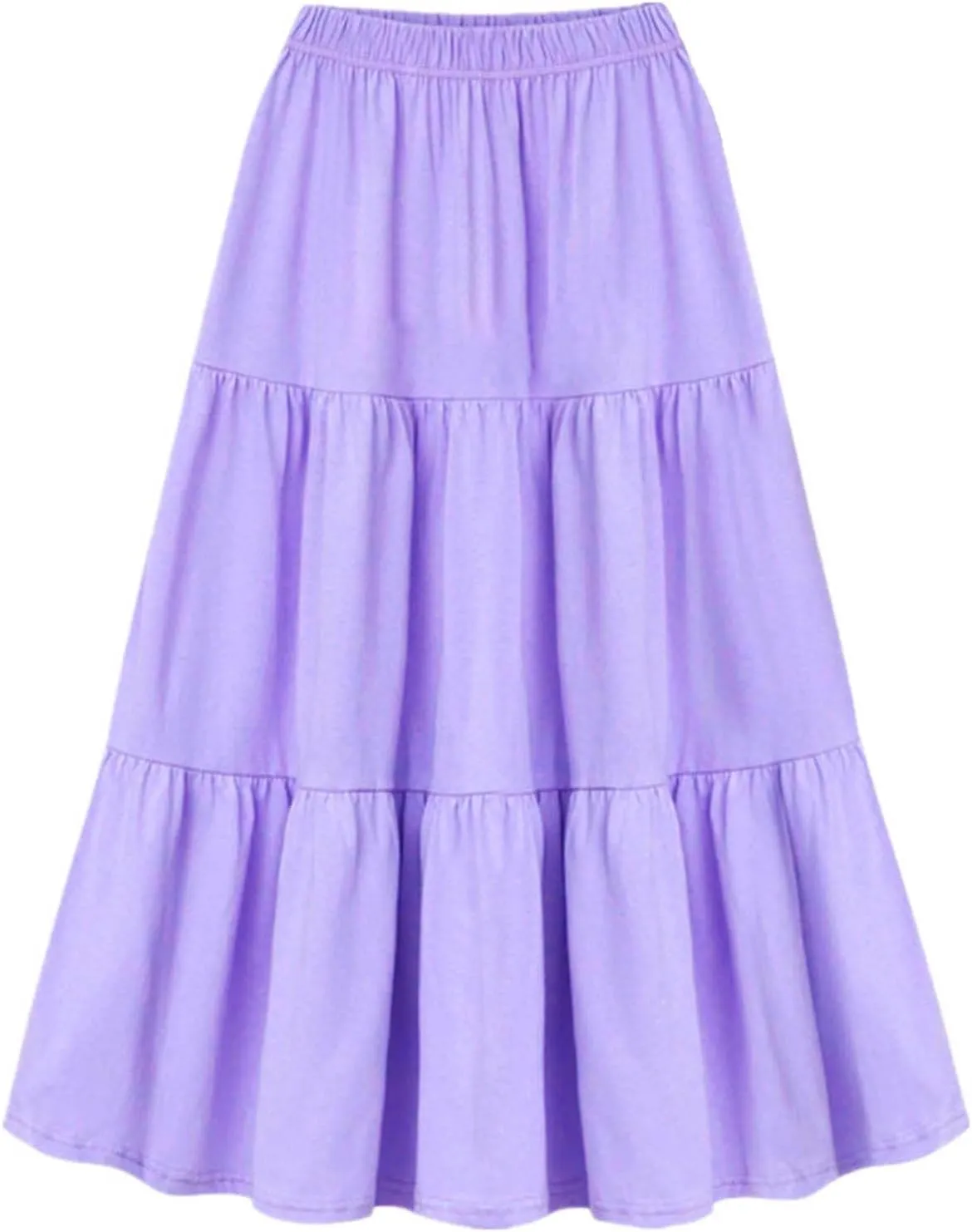 Women Boho Maxi Skirts Solid Elastic Waist Ruffle Tiered Skirt Flowy Swing A-Line Skirt Trendy Pleated Beach Dress