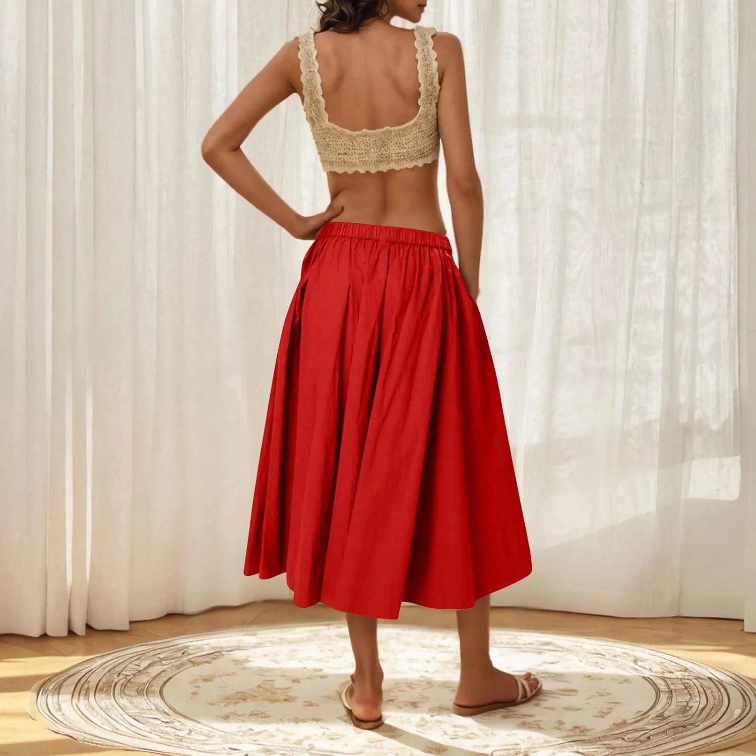 Women Casual Summer Lightweight A Line Skirts Elastic Waist Midi Skirt Beach Holiday Half Dress 2025 Trendy
