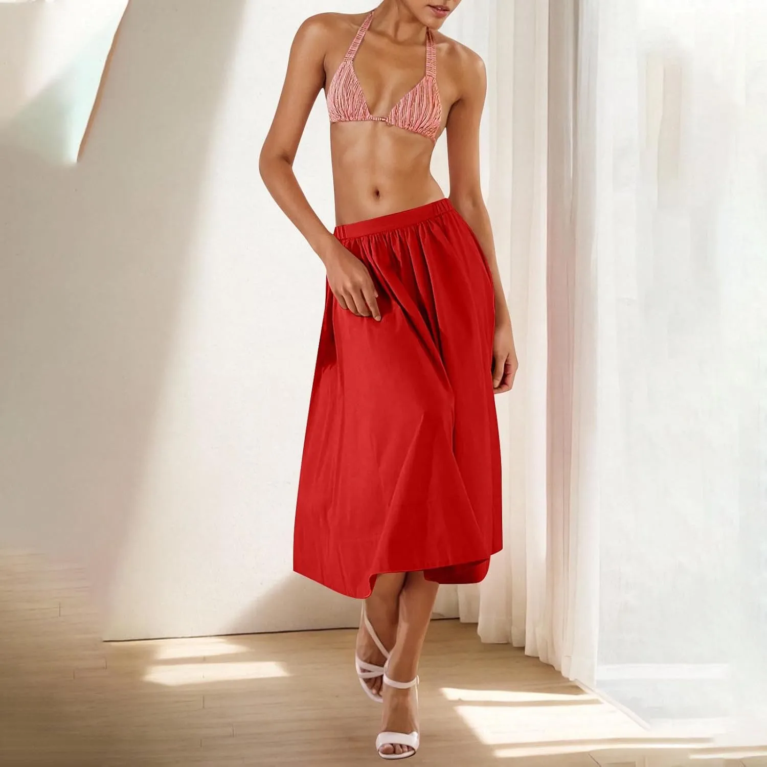 Women Casual Summer Lightweight A Line Skirts Elastic Waist Midi Skirt Beach Holiday Half Dress 2025 Trendy