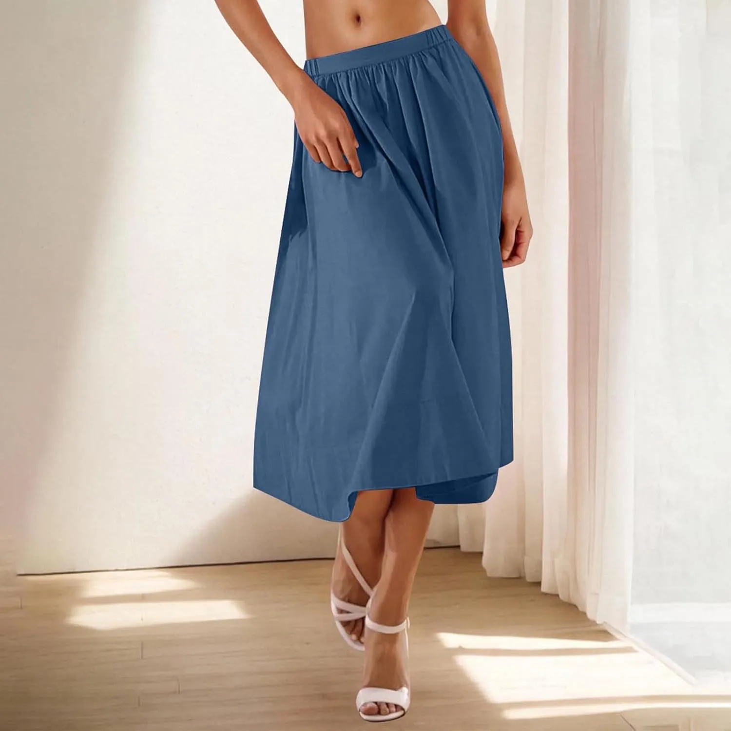 Women Casual Summer Lightweight A Line Skirts Elastic Waist Midi Skirt Beach Holiday Half Dress 2025 Trendy