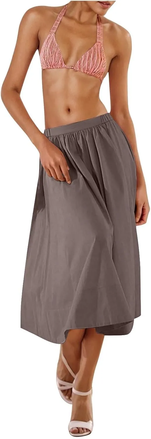 Women Casual Summer Lightweight A Line Skirts Elastic Waist Midi Skirt Beach Holiday Half Dress 2025 Trendy