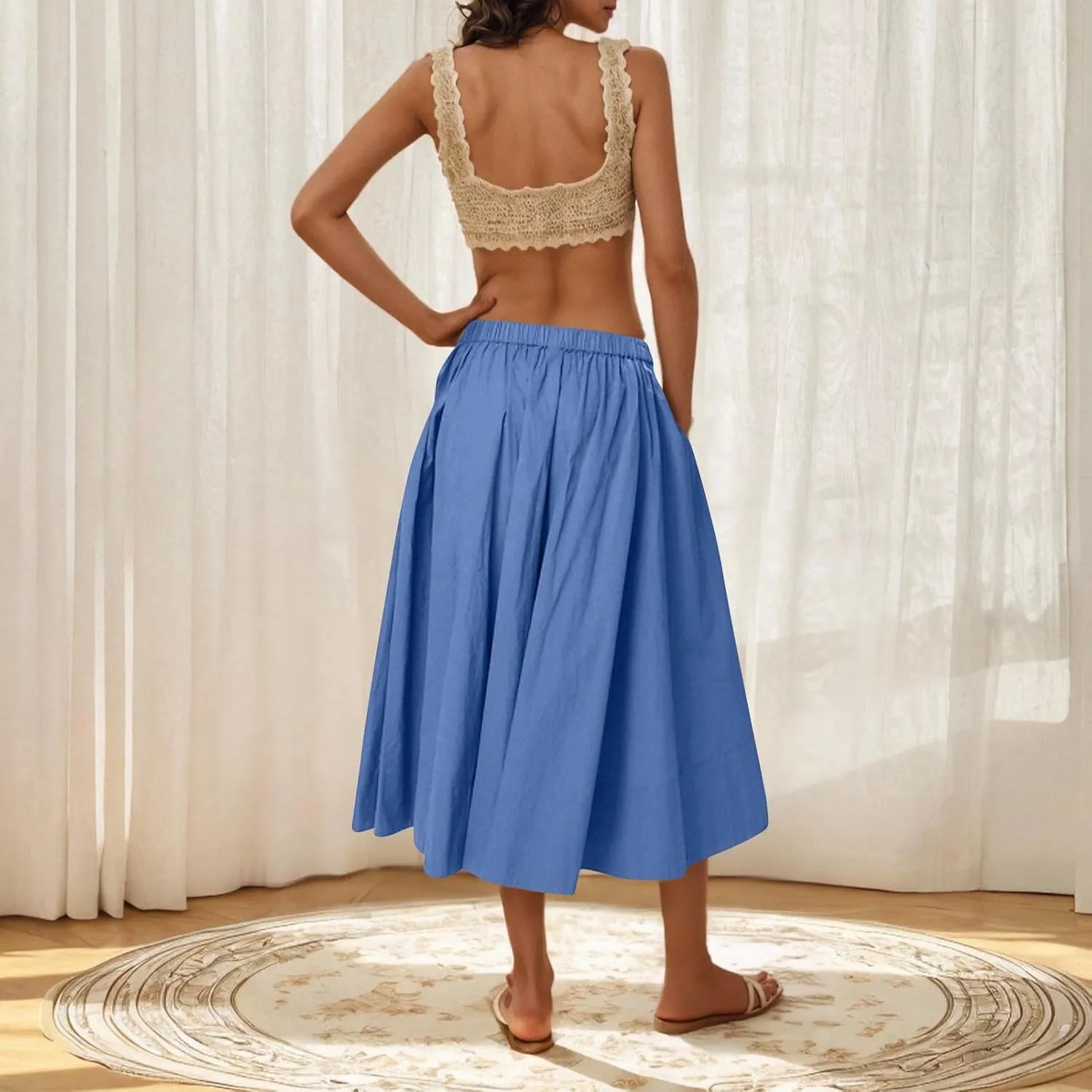 Women Casual Summer Lightweight A Line Skirts Elastic Waist Midi Skirt Beach Holiday Half Dress 2025 Trendy