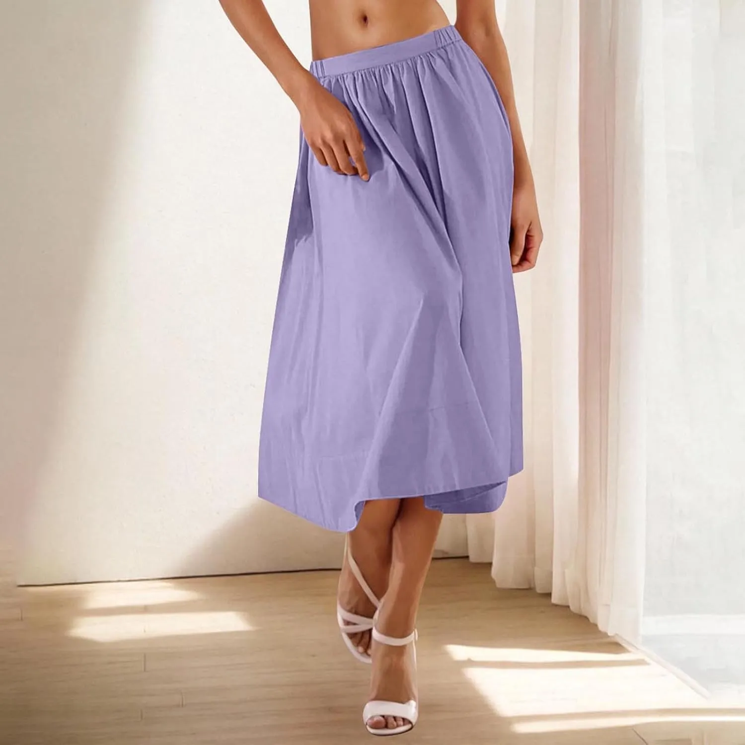 Women Casual Summer Lightweight A Line Skirts Elastic Waist Midi Skirt Beach Holiday Half Dress 2025 Trendy