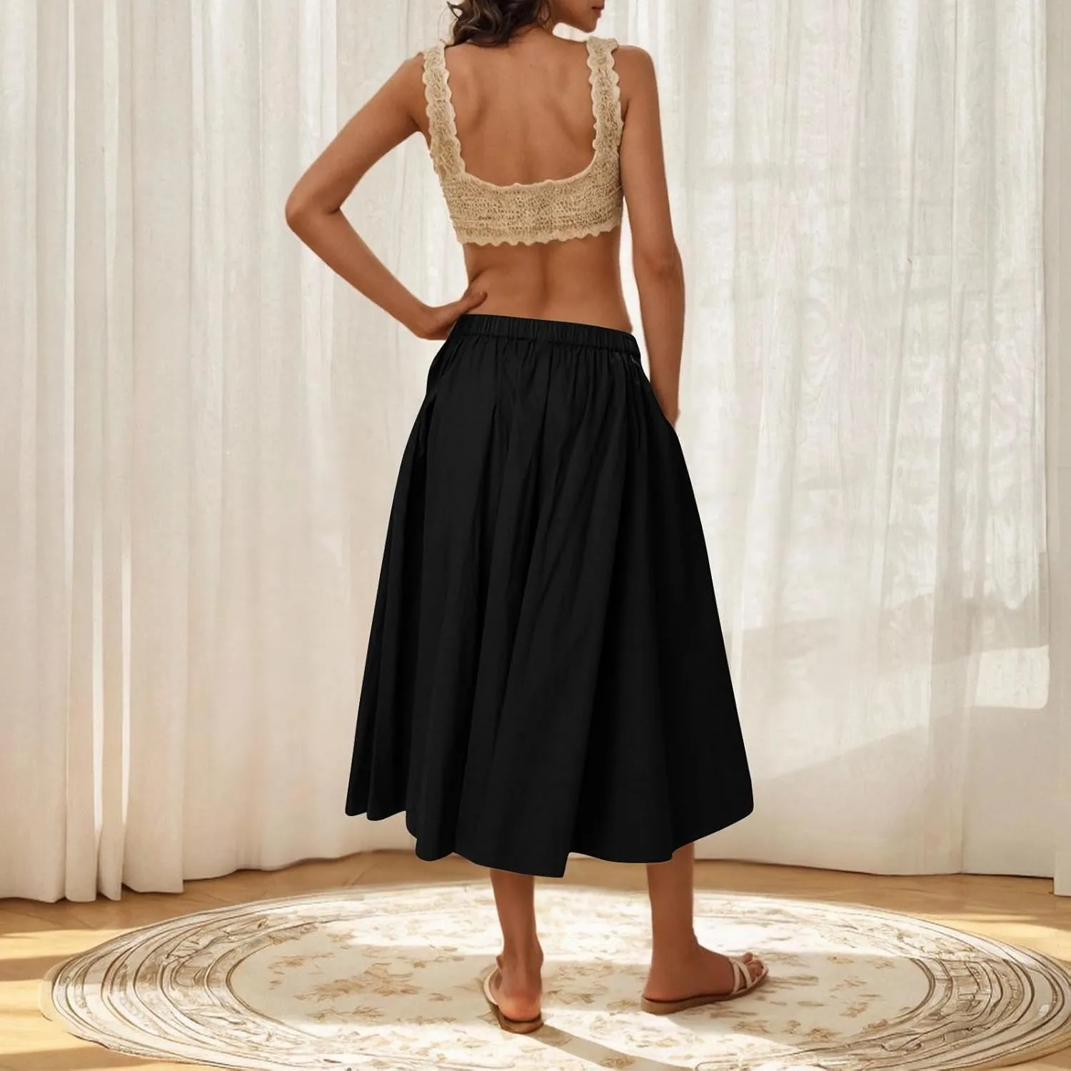 Women Casual Summer Lightweight A Line Skirts Elastic Waist Midi Skirt Beach Holiday Half Dress 2025 Trendy