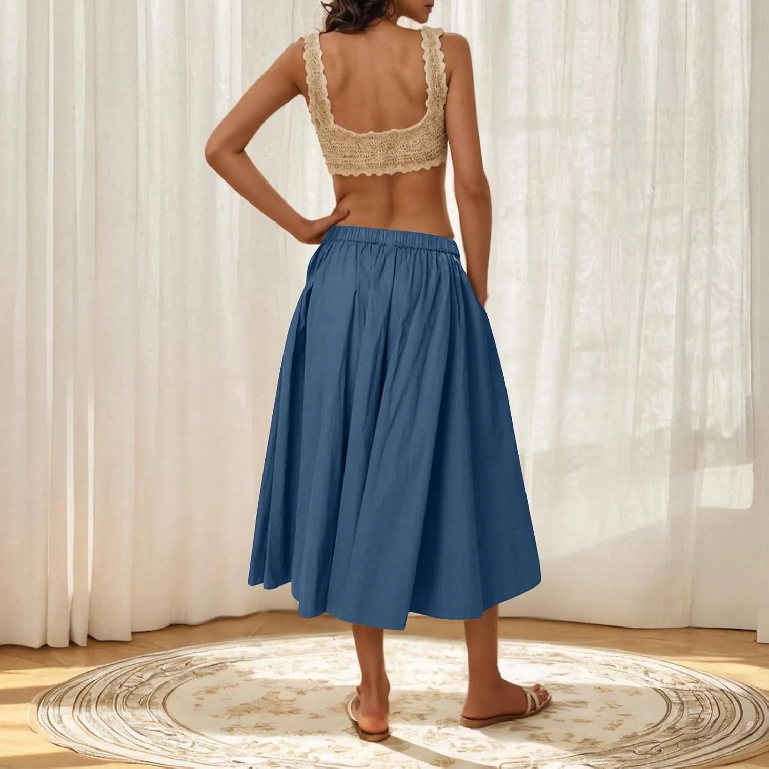 Women Casual Summer Lightweight A Line Skirts Elastic Waist Midi Skirt Beach Holiday Half Dress 2025 Trendy
