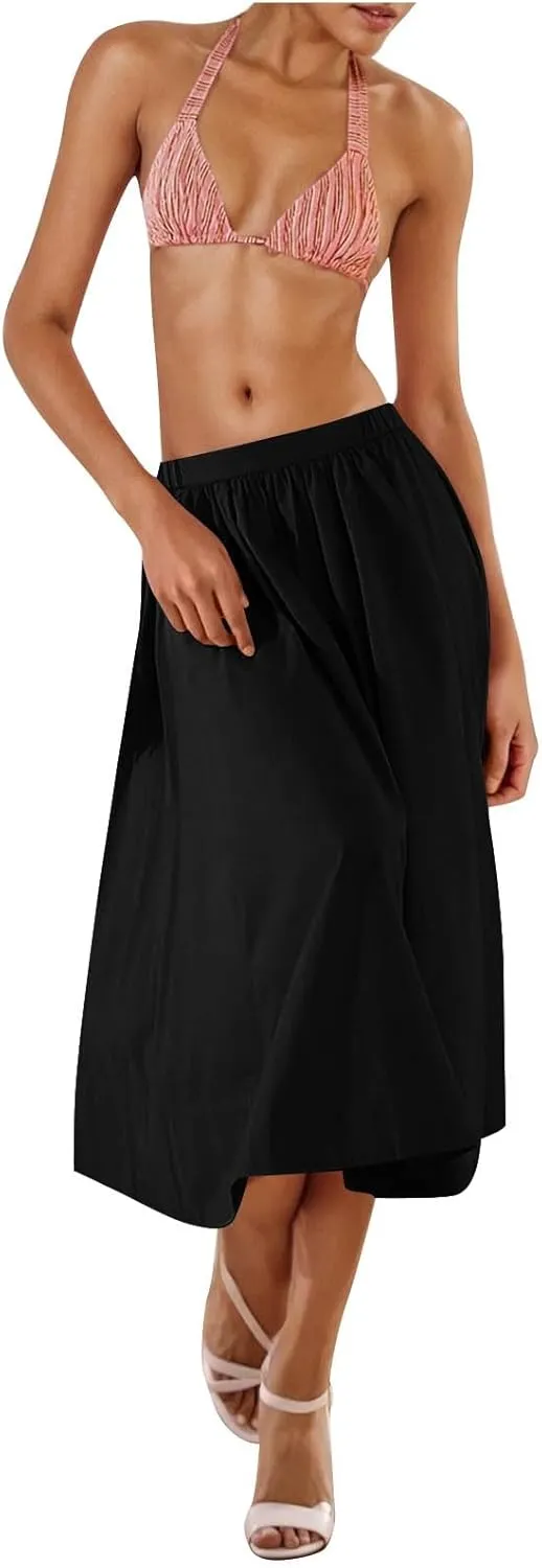Women Casual Summer Lightweight A Line Skirts Elastic Waist Midi Skirt Beach Holiday Half Dress 2025 Trendy
