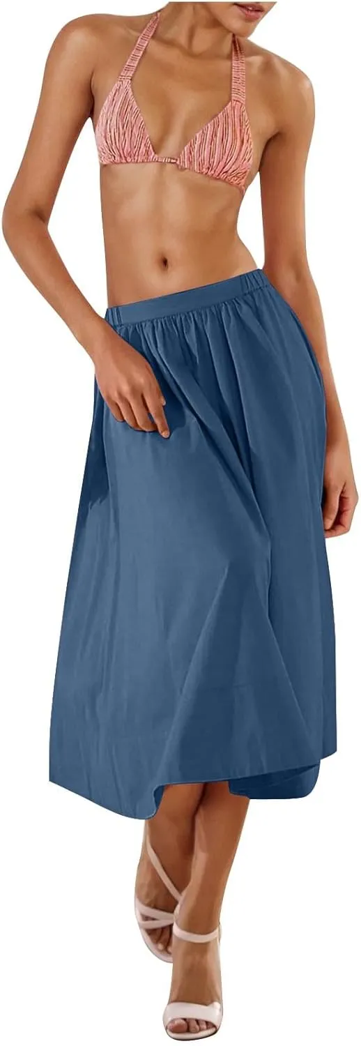 Women Casual Summer Lightweight A Line Skirts Elastic Waist Midi Skirt Beach Holiday Half Dress 2025 Trendy