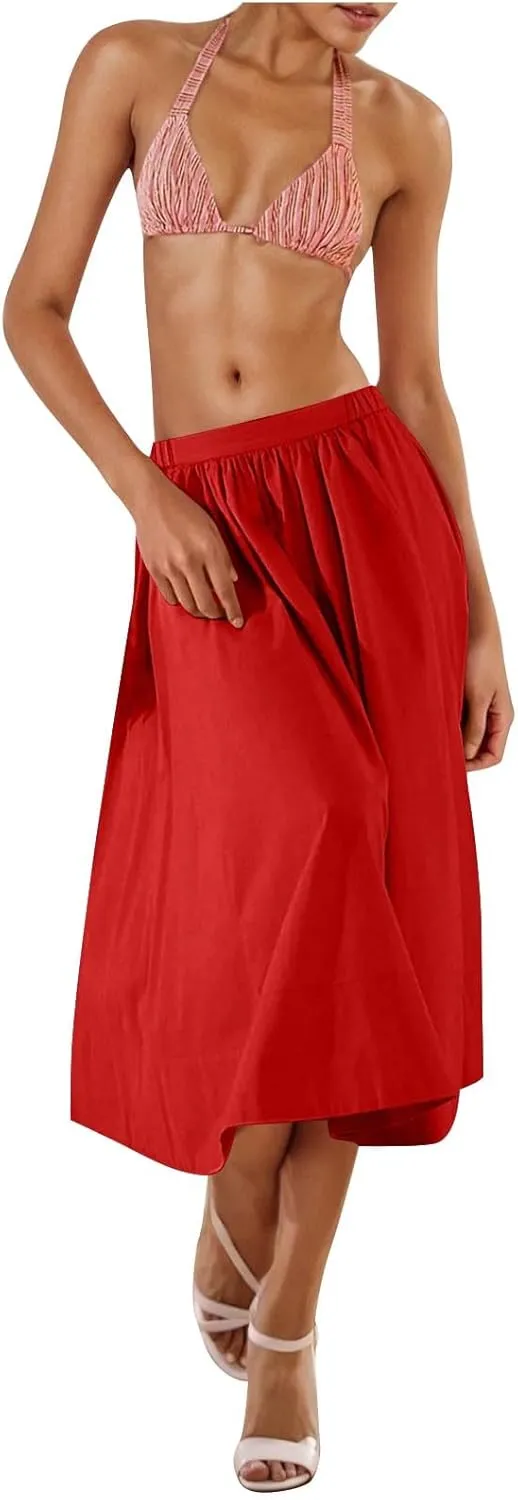 Women Casual Summer Lightweight A Line Skirts Elastic Waist Midi Skirt Beach Holiday Half Dress 2025 Trendy