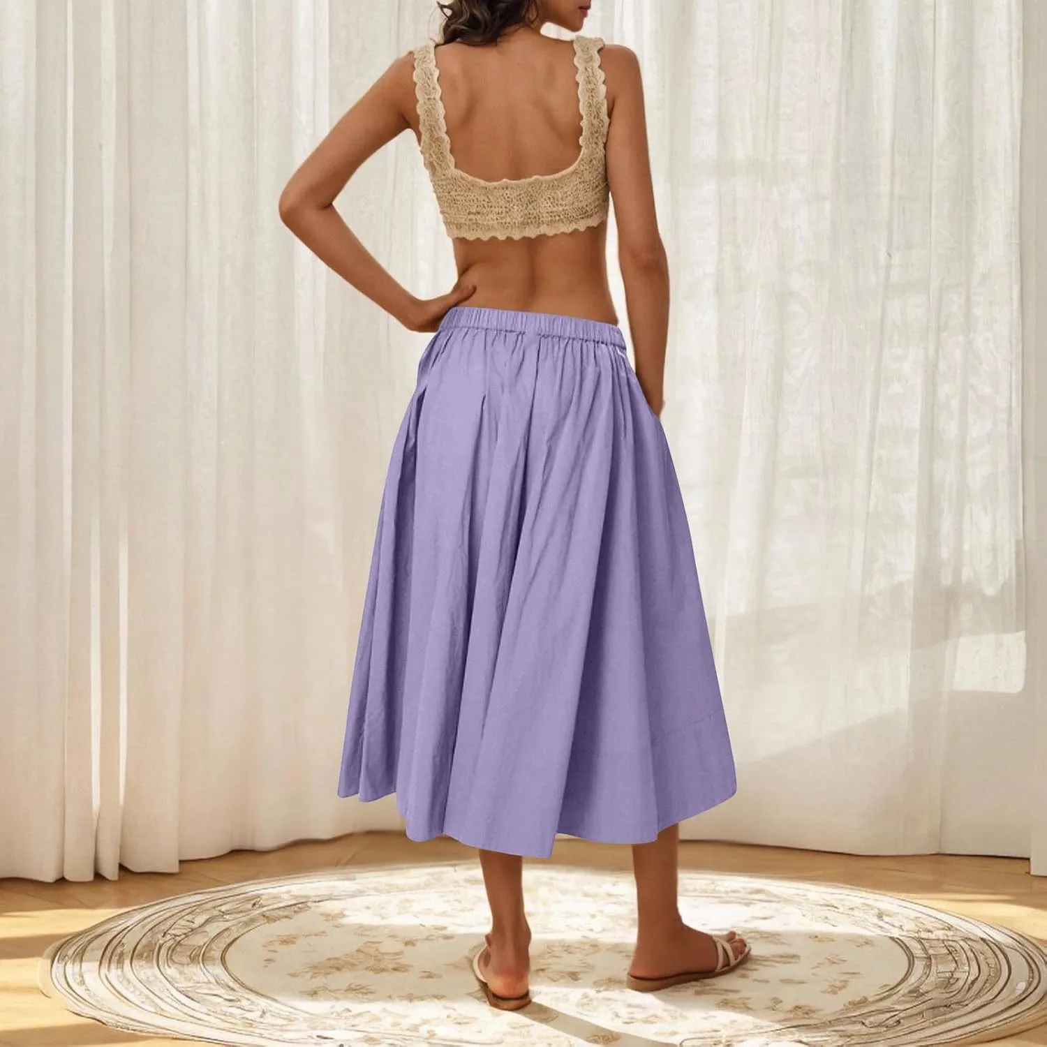 Women Casual Summer Lightweight A Line Skirts Elastic Waist Midi Skirt Beach Holiday Half Dress 2025 Trendy