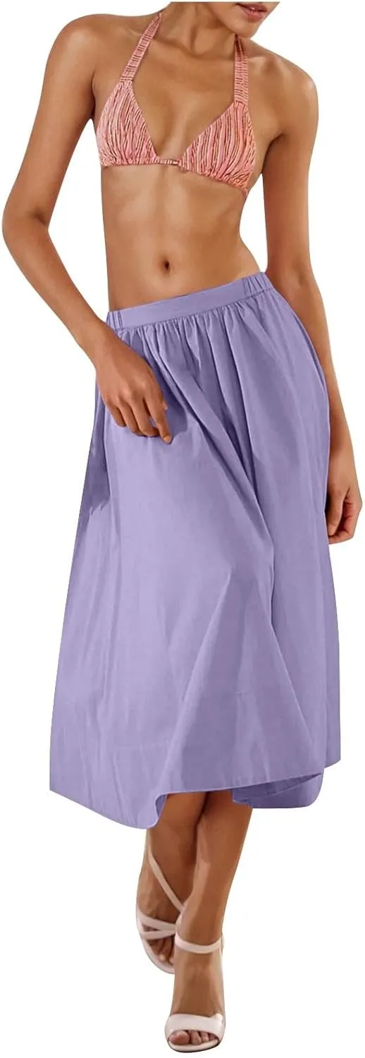 Women Casual Summer Lightweight A Line Skirts Elastic Waist Midi Skirt Beach Holiday Half Dress 2025 Trendy