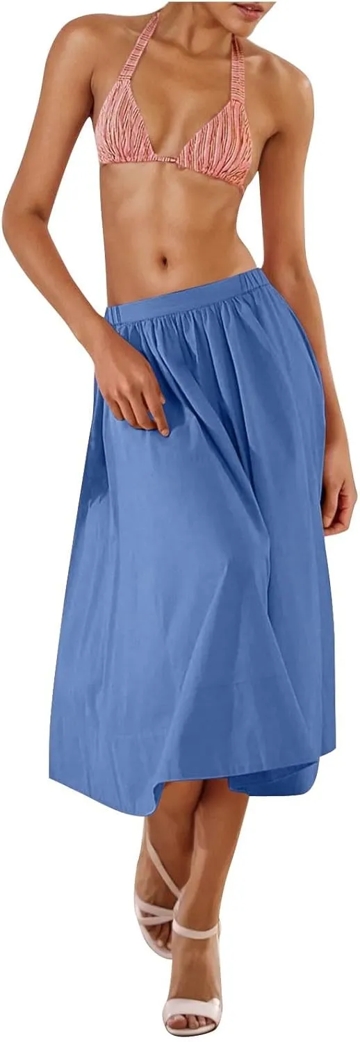 Women Casual Summer Lightweight A Line Skirts Elastic Waist Midi Skirt Beach Holiday Half Dress 2025 Trendy