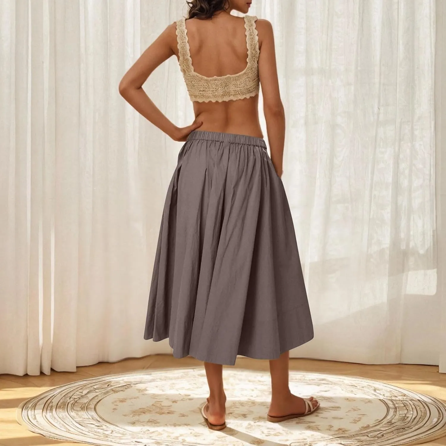 Women Casual Summer Lightweight A Line Skirts Elastic Waist Midi Skirt Beach Holiday Half Dress 2025 Trendy
