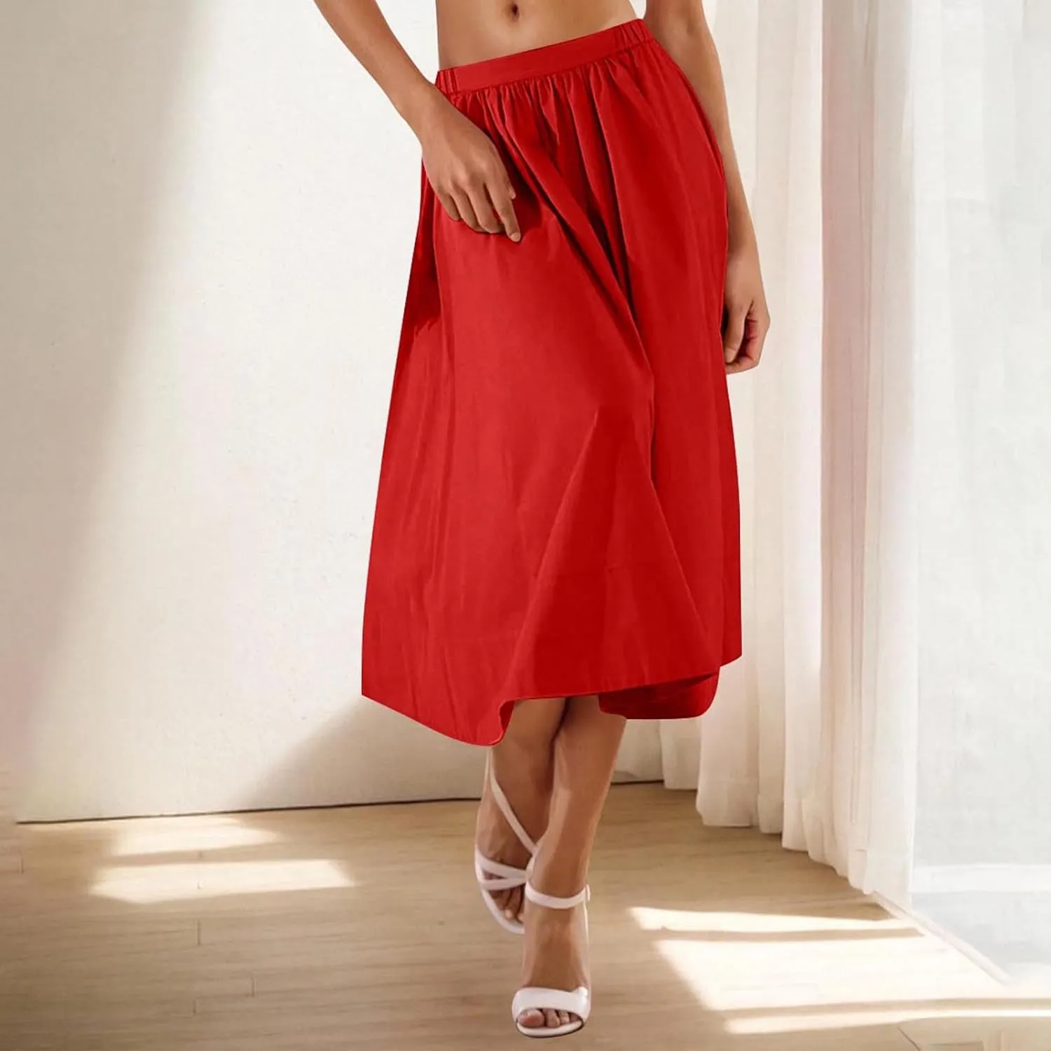 Women Casual Summer Lightweight A Line Skirts Elastic Waist Midi Skirt Beach Holiday Half Dress 2025 Trendy