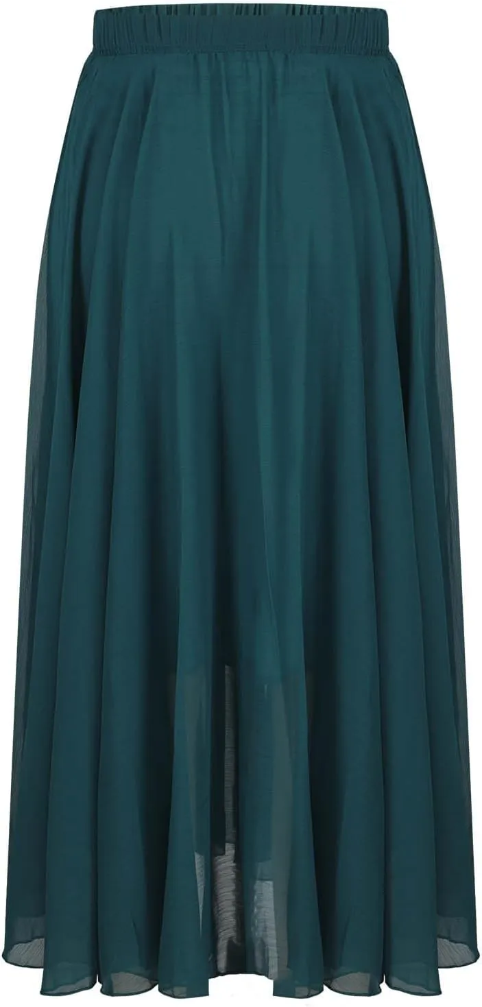 Women Chiffon Maxi Skirt Elastic High Waist Flowy Floor Length Big Hem Summer Beach Vacation Long Dress Solid Color