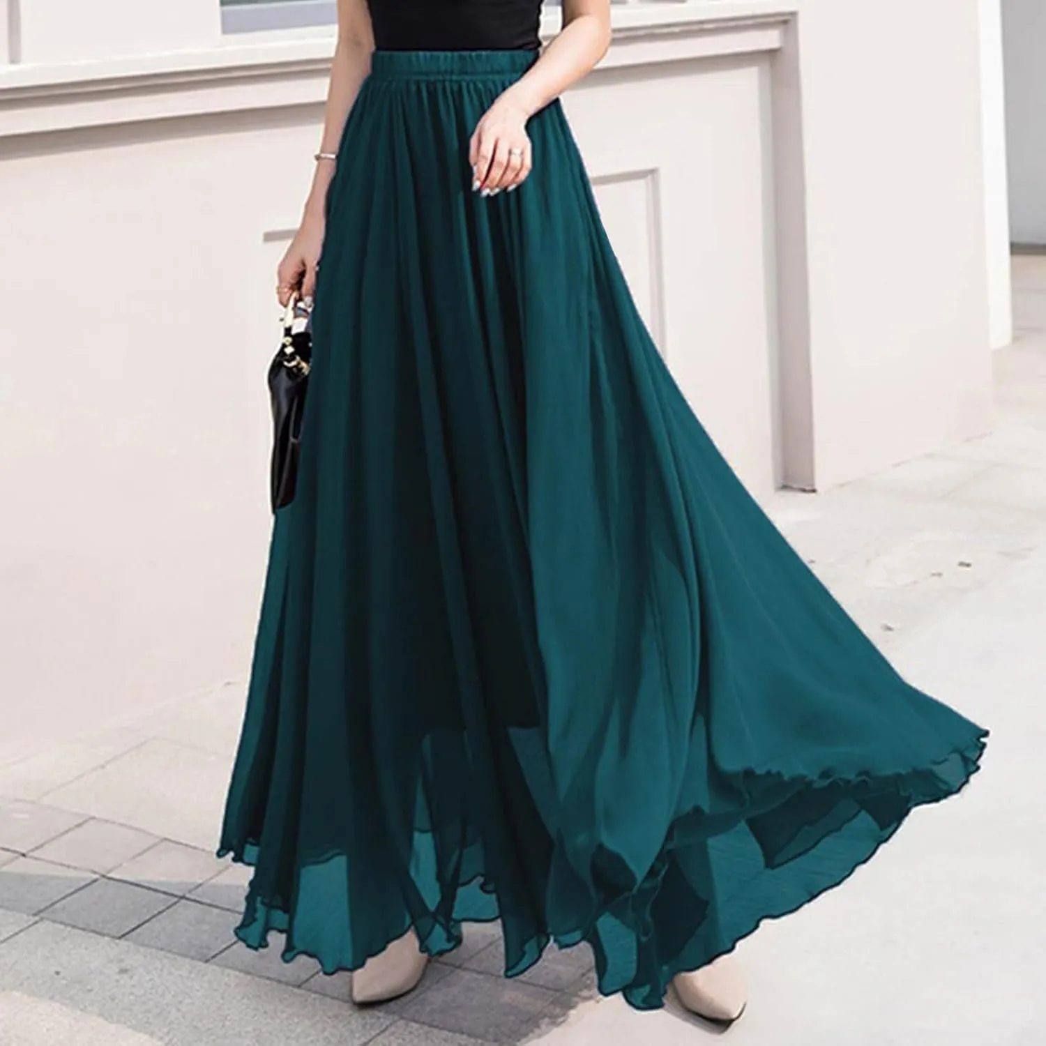 Women Chiffon Maxi Skirt Elastic High Waist Flowy Floor Length Big Hem Summer Beach Vacation Long Dress Solid Color