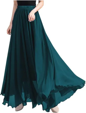 Women Chiffon Maxi Skirt Elastic High Waist Flowy Floor Length Big Hem Summer Beach Vacation Long Dress Solid Color