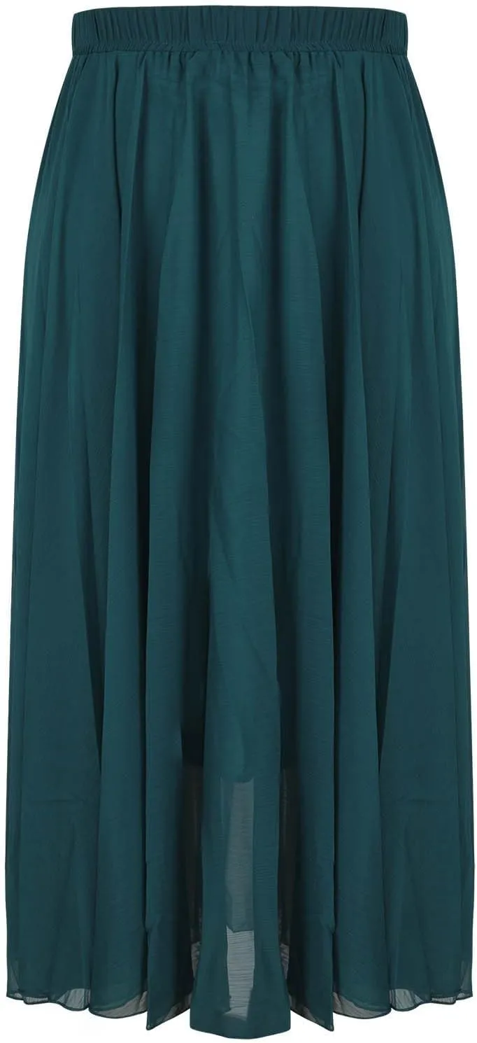 Women Chiffon Maxi Skirt Elastic High Waist Flowy Floor Length Big Hem Summer Beach Vacation Long Dress Solid Color