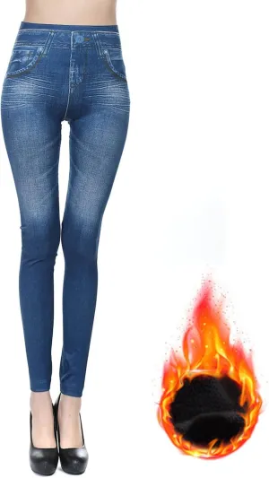 Women Fleece Jean Leggings High Waisted Skinny Pants Warm Thermal Jeggings Stretch Denim Leggings Slim Fit Jeans