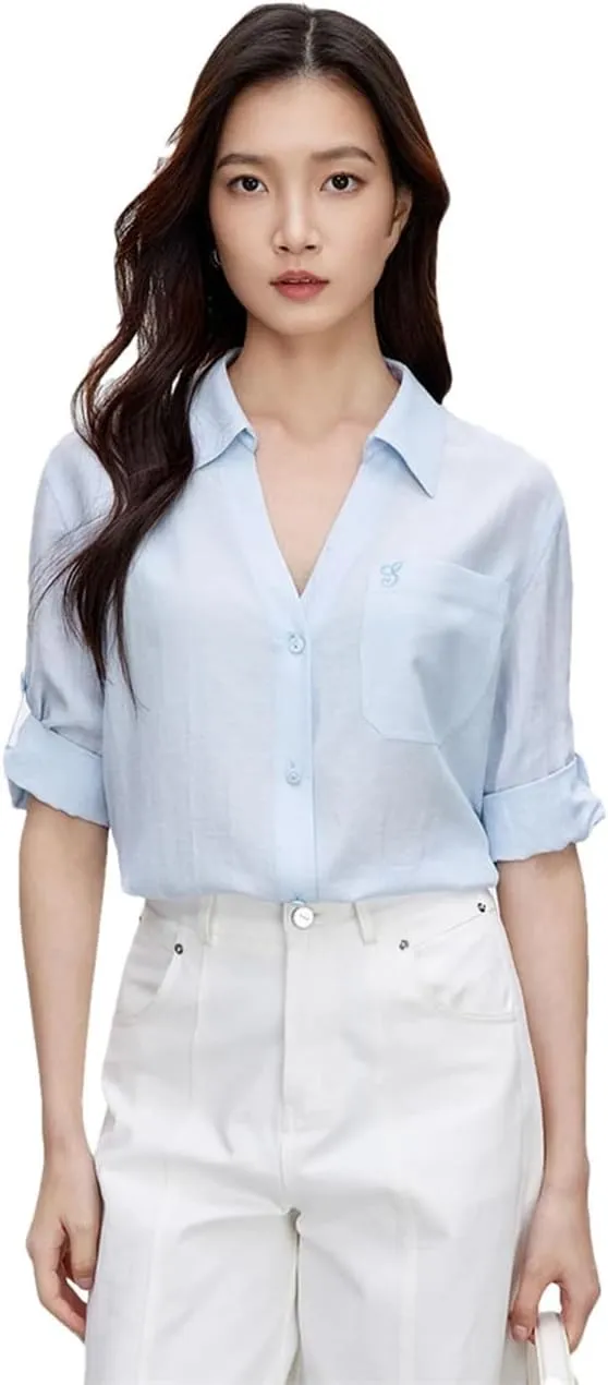 Women Lapel Three Quarter Sleeve Shirt Embroidery Solid Blouses Office Lady Casual Shirts