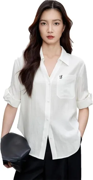 Women Lapel Three Quarter Sleeve Shirt Embroidery Solid Blouses Office Lady Casual Shirts