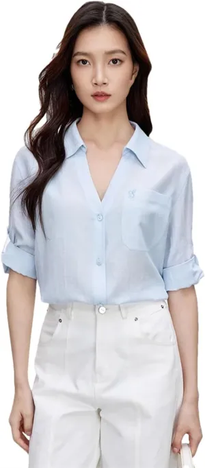 Women Lapel Three Quarter Sleeve Shirt Embroidery Solid Blouses Office Lady Casual Shirts