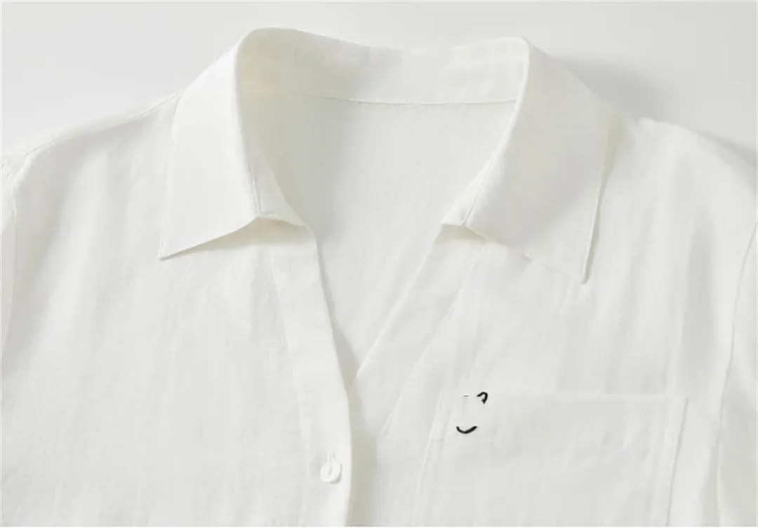 Women Lapel Three Quarter Sleeve Shirt Embroidery Solid Blouses Office Lady Casual Shirts