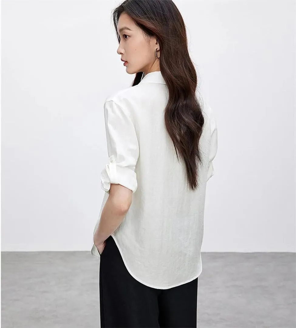 Women Lapel Three Quarter Sleeve Shirt Embroidery Solid Blouses Office Lady Casual Shirts